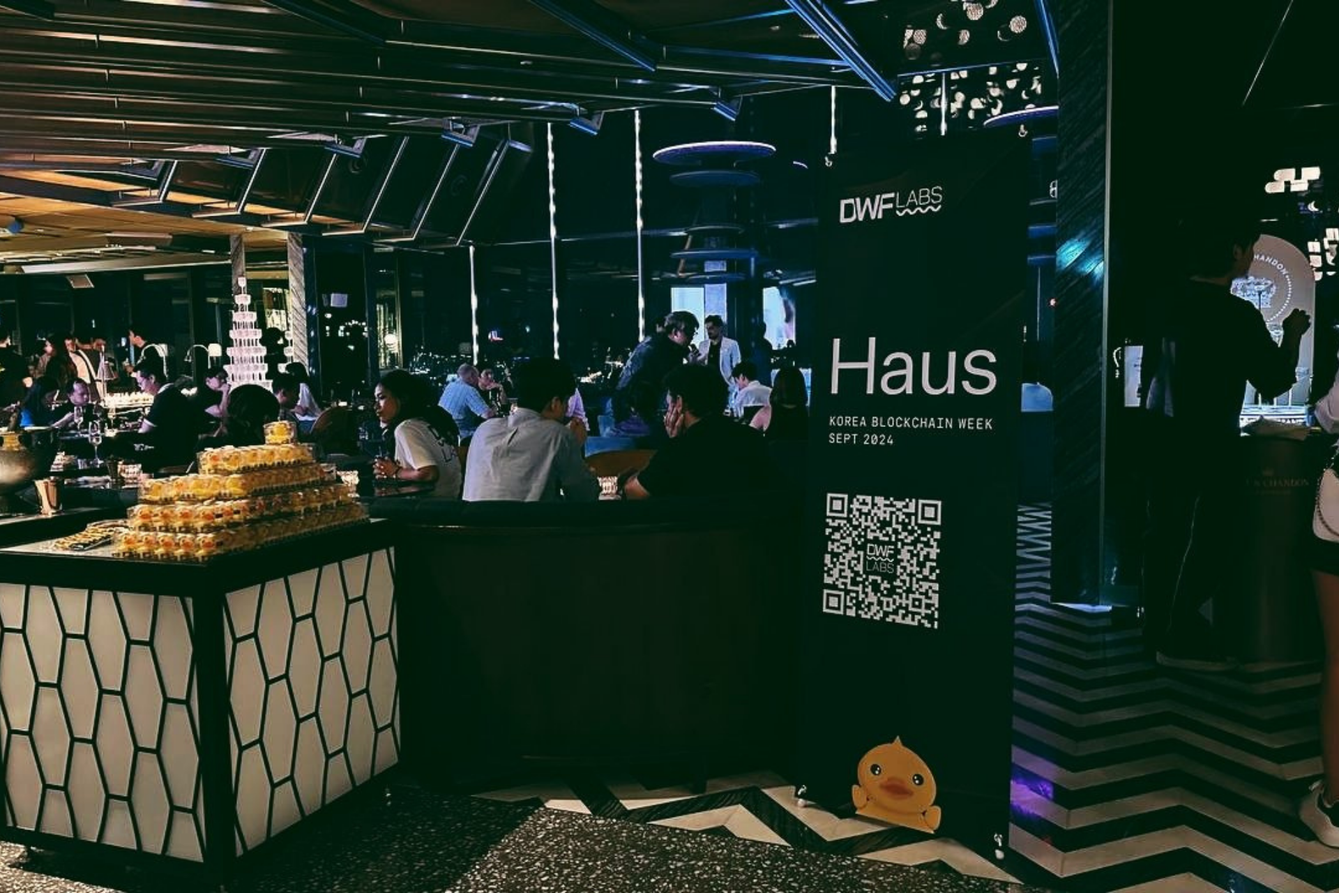 DWF Labs Haus, Latitude 32, Swag, Duck, Haus banner, Latitude32, rooftop bar, guests, crypto event, side event, korea blockchain week 2024