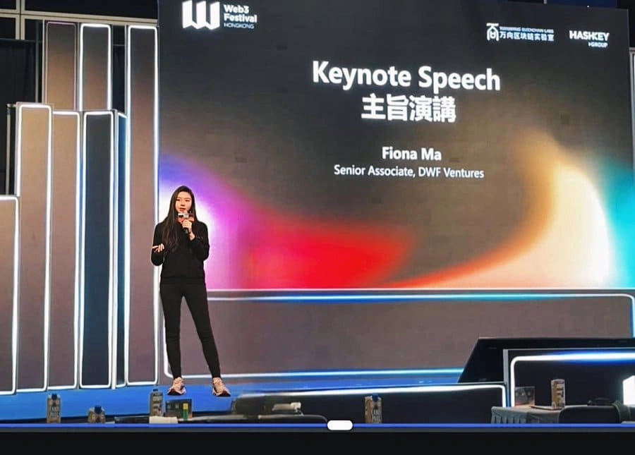 DWF Ventures's Senior Associate Fiona Ma giving a keynote speech on the Ethereum restaking landscape. Source: DWF Labs