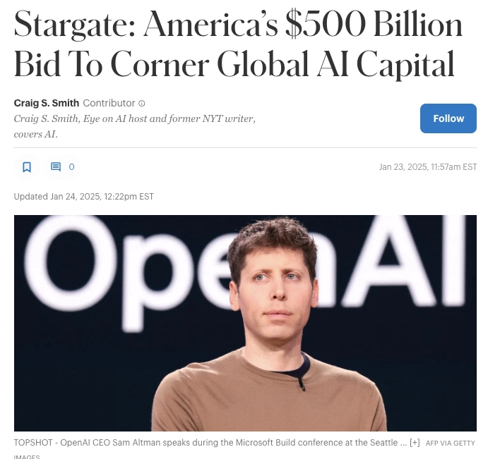 A screenshot of the article about the Stargate AI fund in Forbes.